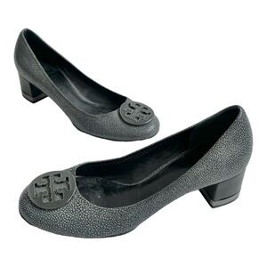 Tory Burch Amy Stingray Steel Gray Logo Block Heel Pump